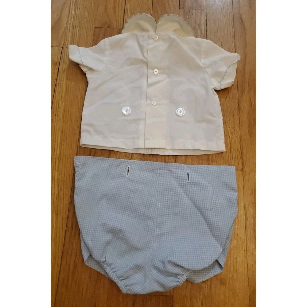 Vtg Infant Diaper Shirt White w Blue Embroidery 0-3 Months Gingham Diaper Cover